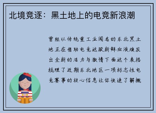 北境竞逐：黑土地上的电竞新浪潮